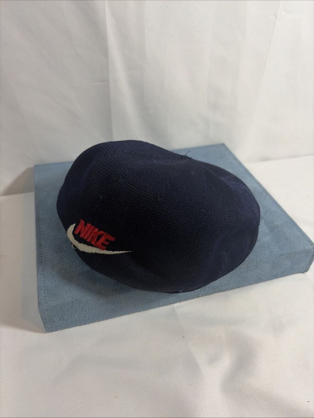 Vintage Nike Knit Newsboy Flat Cap Hat Navy Blue Red White Swoosh Embroidered S